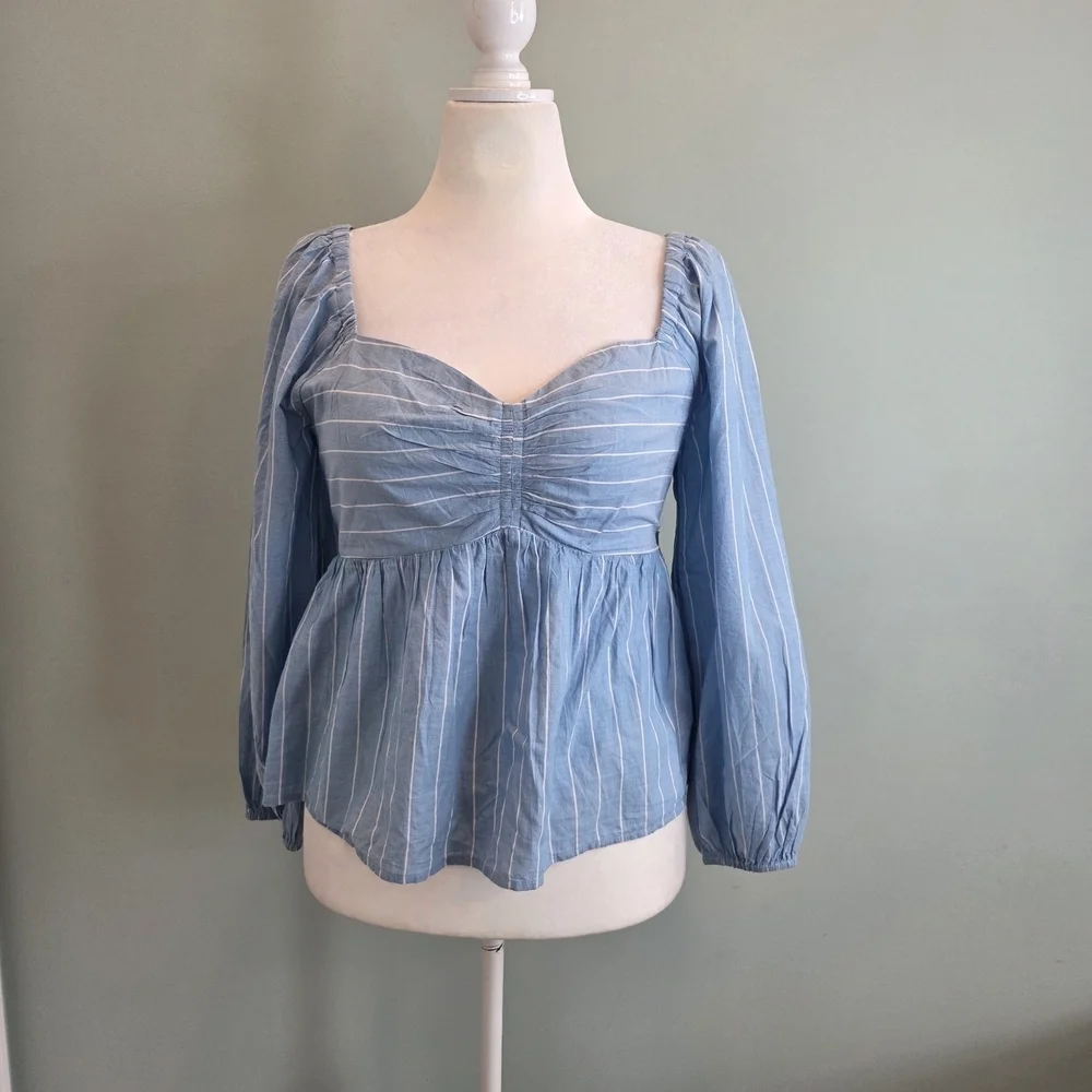 Old Navy Sweetheart Neckline Puff Sleeve Top Blue Stripe Size M New With Tags